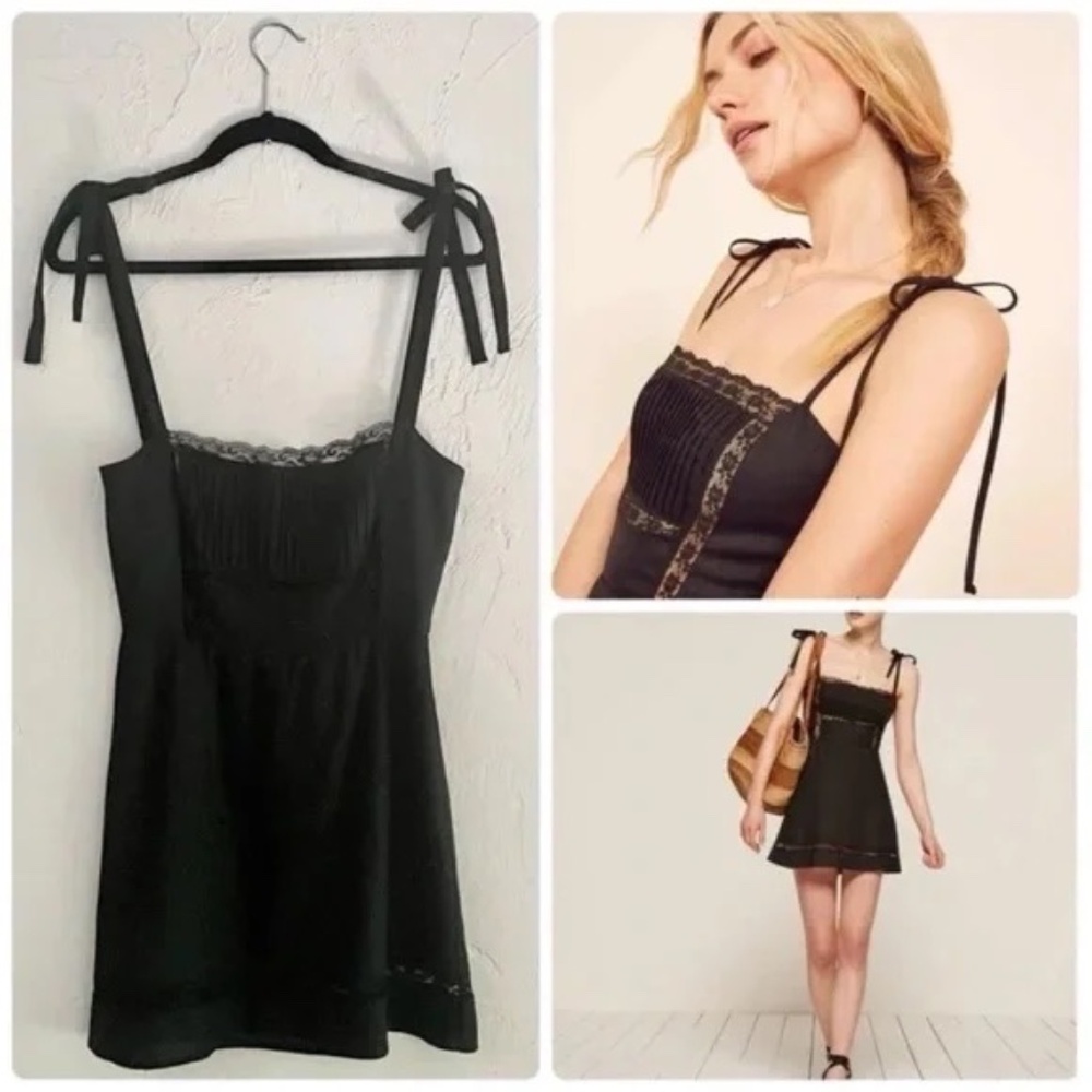 Reformation Domingo Linen Lace Pleated Bodice Bow Strap Mini Dress in Black - Picture 10 of 10